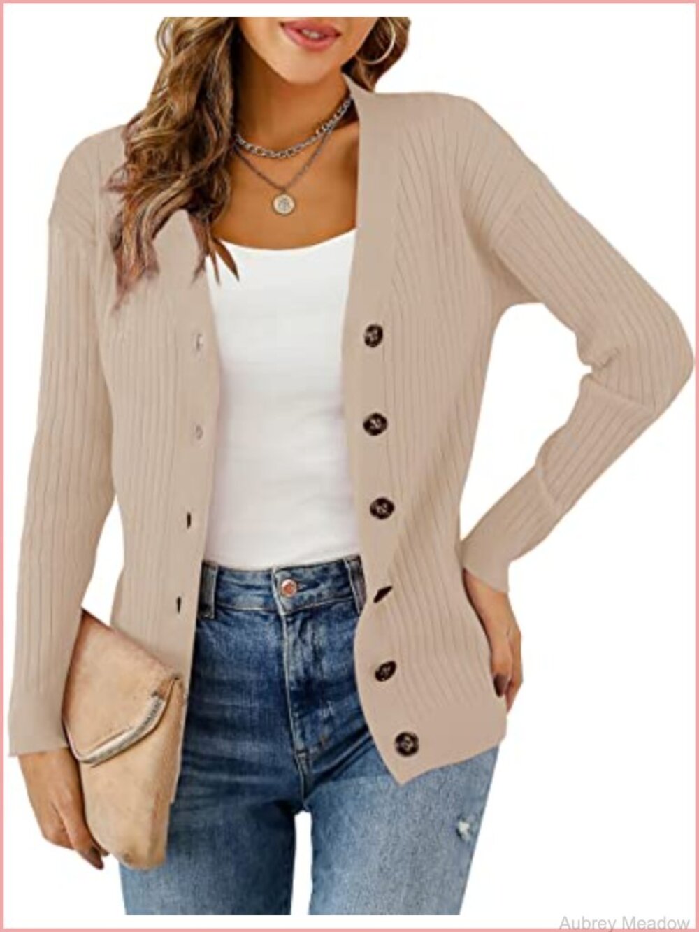 Rib Knit Button Front Cardigan Long Sleeve V Neck